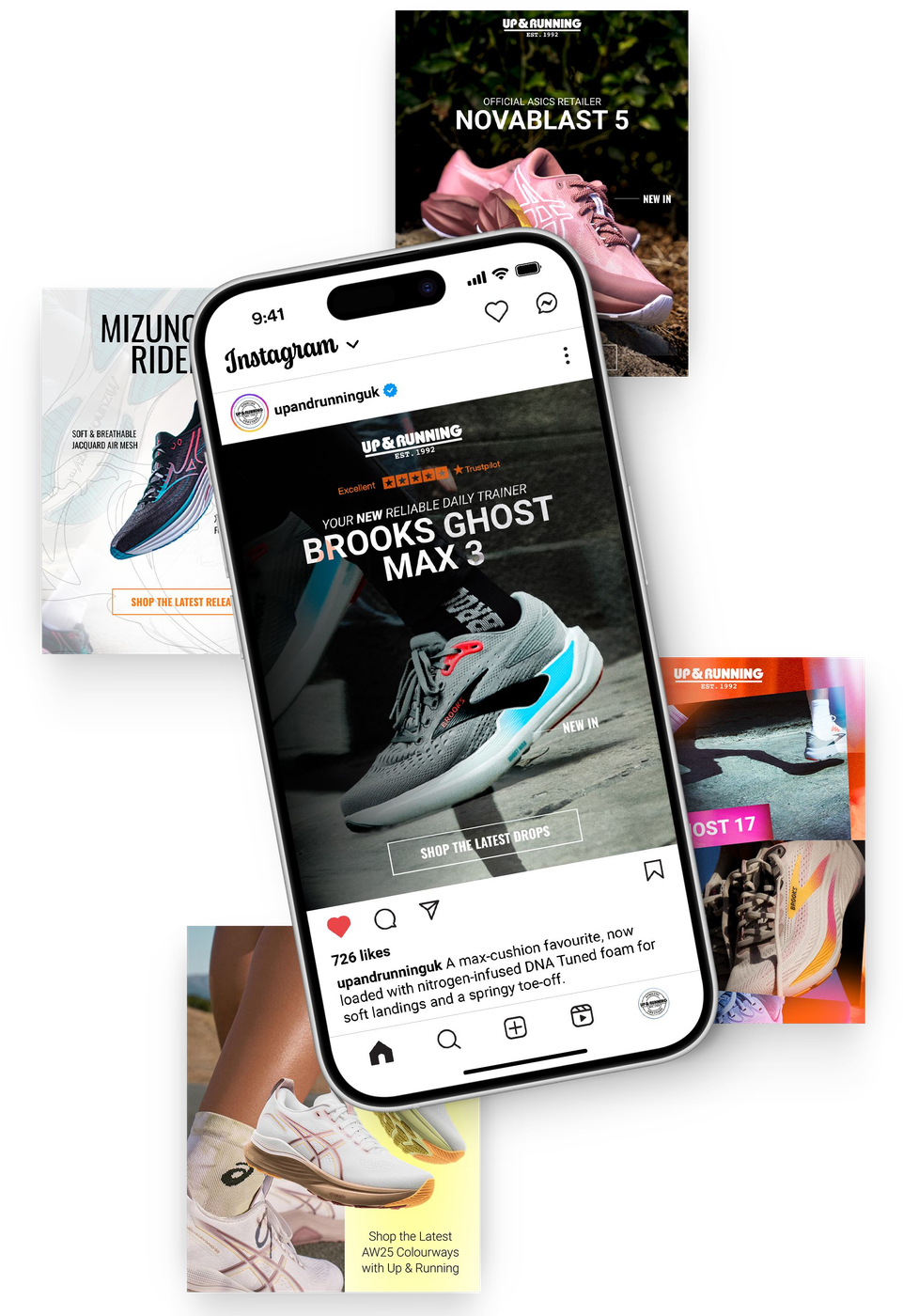 Real Mira paid social work: Up & Running ads, one live in the Instagram feed