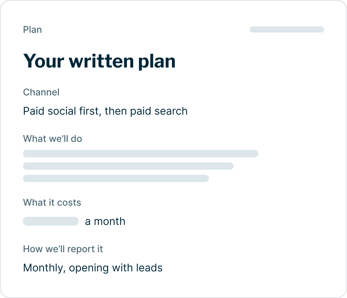A sample one-page written plan: the channel, what we will do, what it costs and how we will report it, with the details left as placeholders